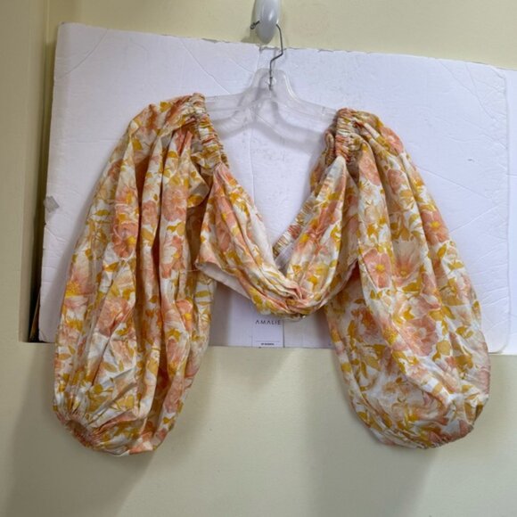 AMALIE SHOWPO NEW Emerita Linen Floral Off Shoulder Twist Crop Top Cotton 10 - Picture 2 of 16